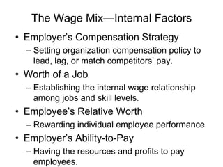 The Wage Mix—Internal Factors
• Employer’s Compensation Strategy
– Setting organization compensation policy to
lead, lag, or match competitors’ pay.
• Worth of a Job
– Establishing the internal wage relationship
among jobs and skill levels.
• Employee’s Relative Worth
– Rewarding individual employee performance
• Employer’s Ability-to-Pay
– Having the resources and profits to pay
employees.
 