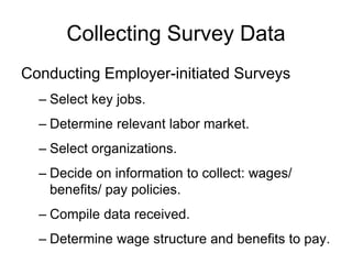 Collecting Survey Data
Conducting Employer-initiated Surveys
– Select key jobs.
– Determine relevant labor market.
– Select organizations.
– Decide on information to collect: wages/
benefits/ pay policies.
– Compile data received.
– Determine wage structure and benefits to pay.
 