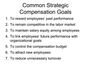 Common Strategic
Compensation Goals
1. To reward employees’ past performance
2. To remain competitive in the labor market
3. To maintain salary equity among employees
4. To link employees’ future performance with
organizational goals
5. To control the compensation budget
6. To attract new employees
7. To reduce unnecessary turnover
 