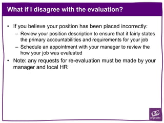 What if I disagree with the evaluation?
• If you believe your position has been placed incorrectly:
– Review your position description to ensure that it fairly states
the primary accountabilities and requirements for your job
– Schedule an appointment with your manager to review the
how your job was evaluated
• Note: any requests for re-evaluation must be made by your
manager and local HR
 