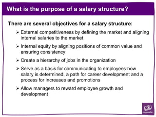 What is the purpose of a salary structure?
There are several objectives for a salary structure:
 External competitiveness by defining the market and aligning
internal salaries to the market
 Internal equity by aligning positions of common value and
ensuring consistency
 Create a hierarchy of jobs in the organization
 Serve as a basis for communicating to employees how
salary is determined, a path for career development and a
process for increases and promotions
 Allow managers to reward employee growth and
development
 