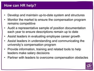 How can HR help?
• Develop and maintain up-to-date system and structures
• Monitor the market to ensure the compensation program
remains competitive
• Audit a representative sample of position documentation
each year to ensure descriptions remain up to date
• Assist leaders in evaluating employee career growth
• Assist leaders in understanding and communicating the
university’s compensation program
• Provide information, training and related tools to help
leaders make salary decisions
• Partner with leaders to overcome compensation obstacles
 