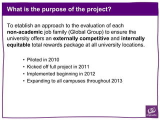 What is the purpose of the project?
To etablish an approach to the evaluation of each
non-academic job family (Global Group) to ensure the
university offers an externally competitive and internally
equitable total rewards package at all university locations.
• Piloted in 2010
• Kicked off full project in 2011
• Implemented beginning in 2012
• Expanding to all campuses throughout 2013
 