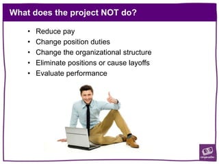 What does the project NOT do?
• Reduce pay
• Change position duties
• Change the organizational structure
• Eliminate positions or cause layoffs
• Evaluate performance
 
