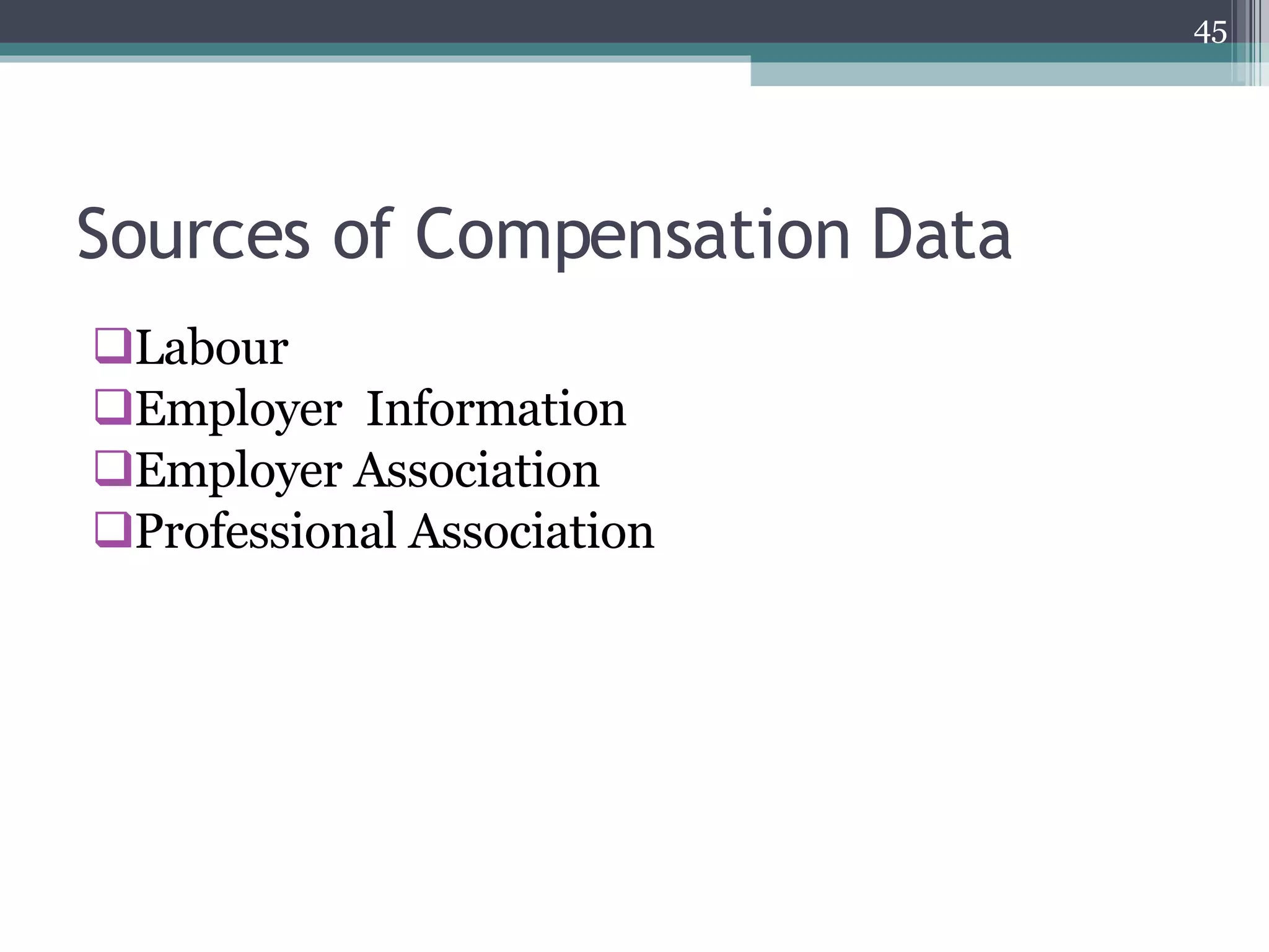 Sources of Compensation Data Labour Employer  Information Employer Association Professional Association 