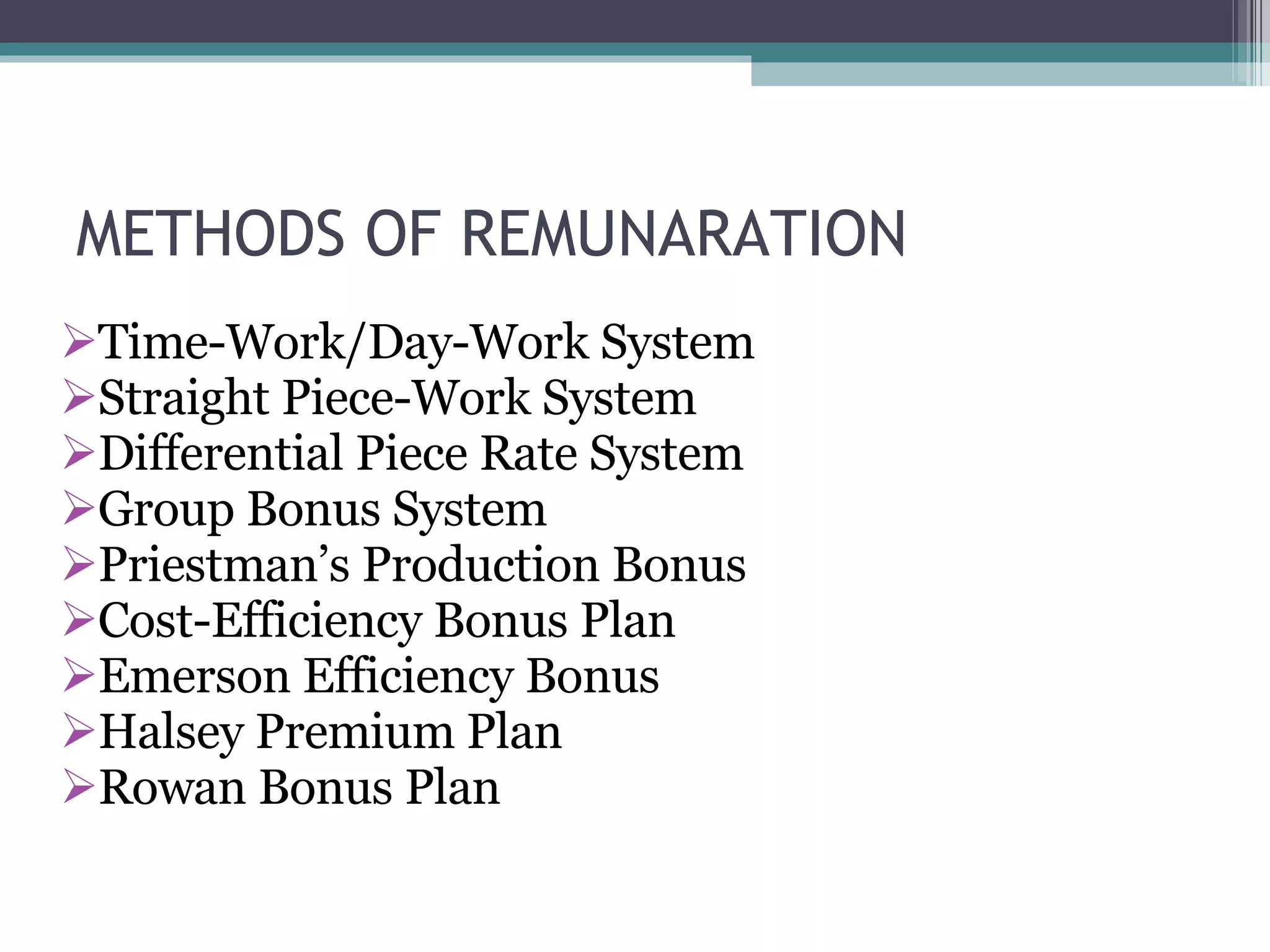 METHODS OF REMUNARATION Time-Work/Day-Work System Straight Piece-Work System Differential Piece Rate System Group Bonus System Priestman’s Production Bonus Cost-Efficiency Bonus Plan Emerson Efficiency Bonus Halsey Premium Plan Rowan Bonus Plan 
