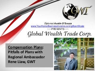 Compensation Plans:
Pitfalls of Plans with
Regional Ambassador
Rene Liaw, GWT
Diplomat Austin D’Souza
www.YourHomeBusinessIncome.com/giftcertificate
~~~PRESENTS~~~
 