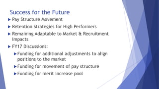 Success for the Future
 Pay Structure Movement
 Retention Strategies for High Performers
 Remaining Adaptable to Market & Recruitment
Impacts
 FY17 Discussions:
Funding for additional adjustments to align
positions to the market
Funding for movement of pay structure
Funding for merit increase pool
 