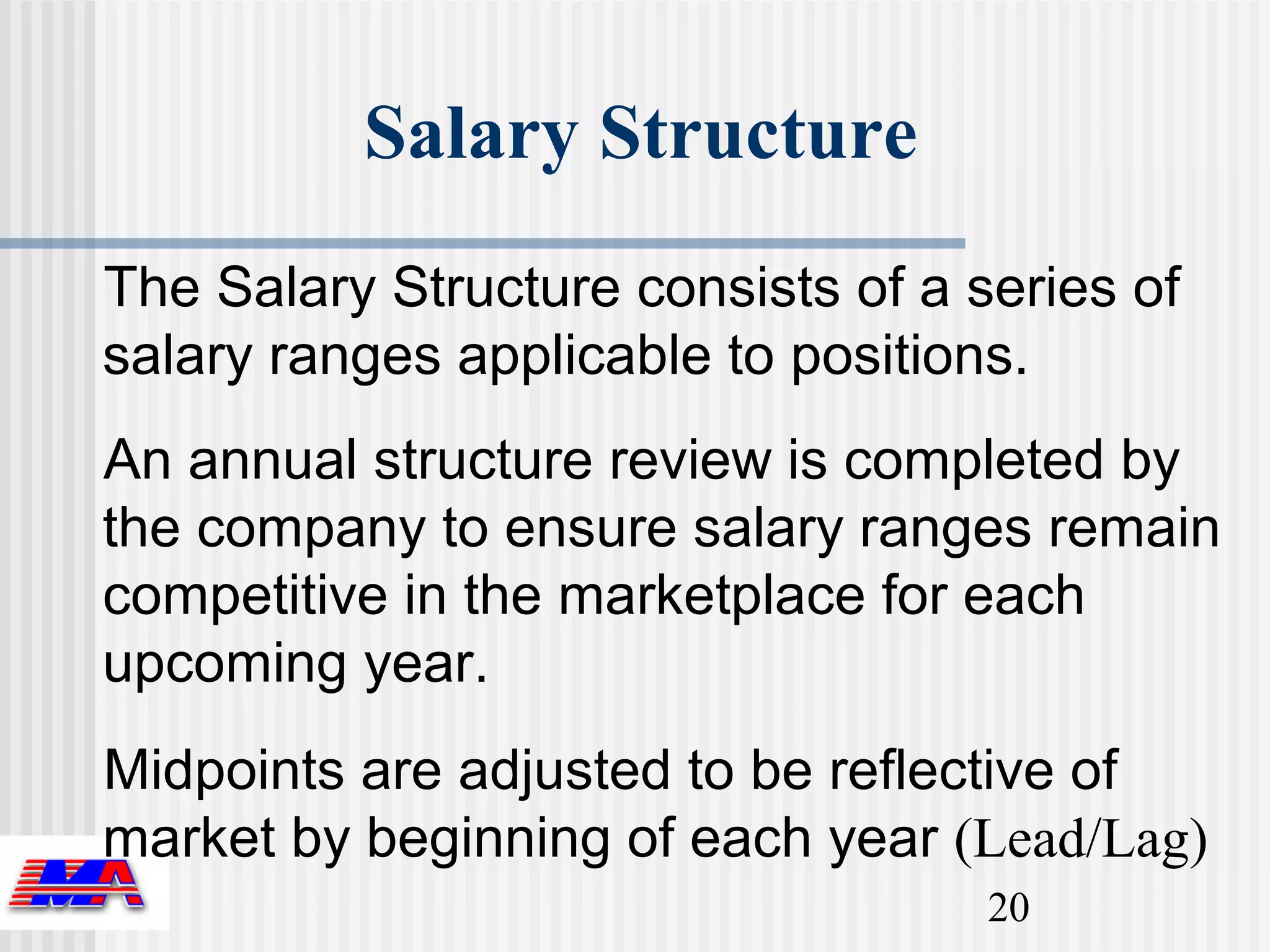 Salary Structure
The Salary Structure consists of a series of
salary ranges applicable to positions.
An annual structure review is completed by
the company to ensure salary ranges remain
competitive in the marketplace for each
upcoming year.
Midpoints are adjusted to be reflective of
market by beginning of each year (Lead/Lag)
                                    20
 