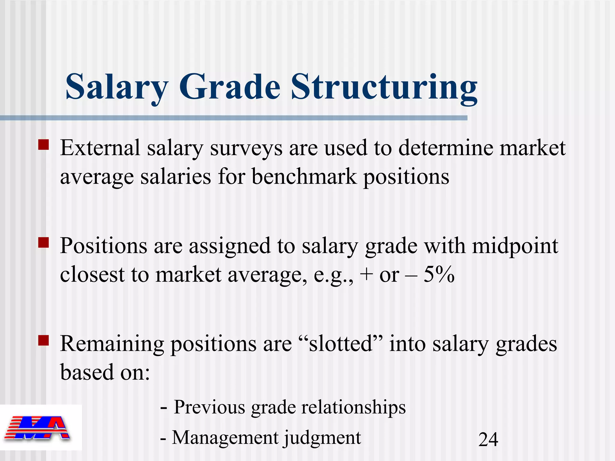 Salary Grade Structuring
   External salary surveys are used to determine market
    average salaries for benchmark positions

   Positions are assigned to salary grade with midpoint
    closest to market average, e.g., + or – 5%

   Remaining positions are “slotted” into salary grades
    based on:
              - Previous grade relationships
              - Management judgment            24
 