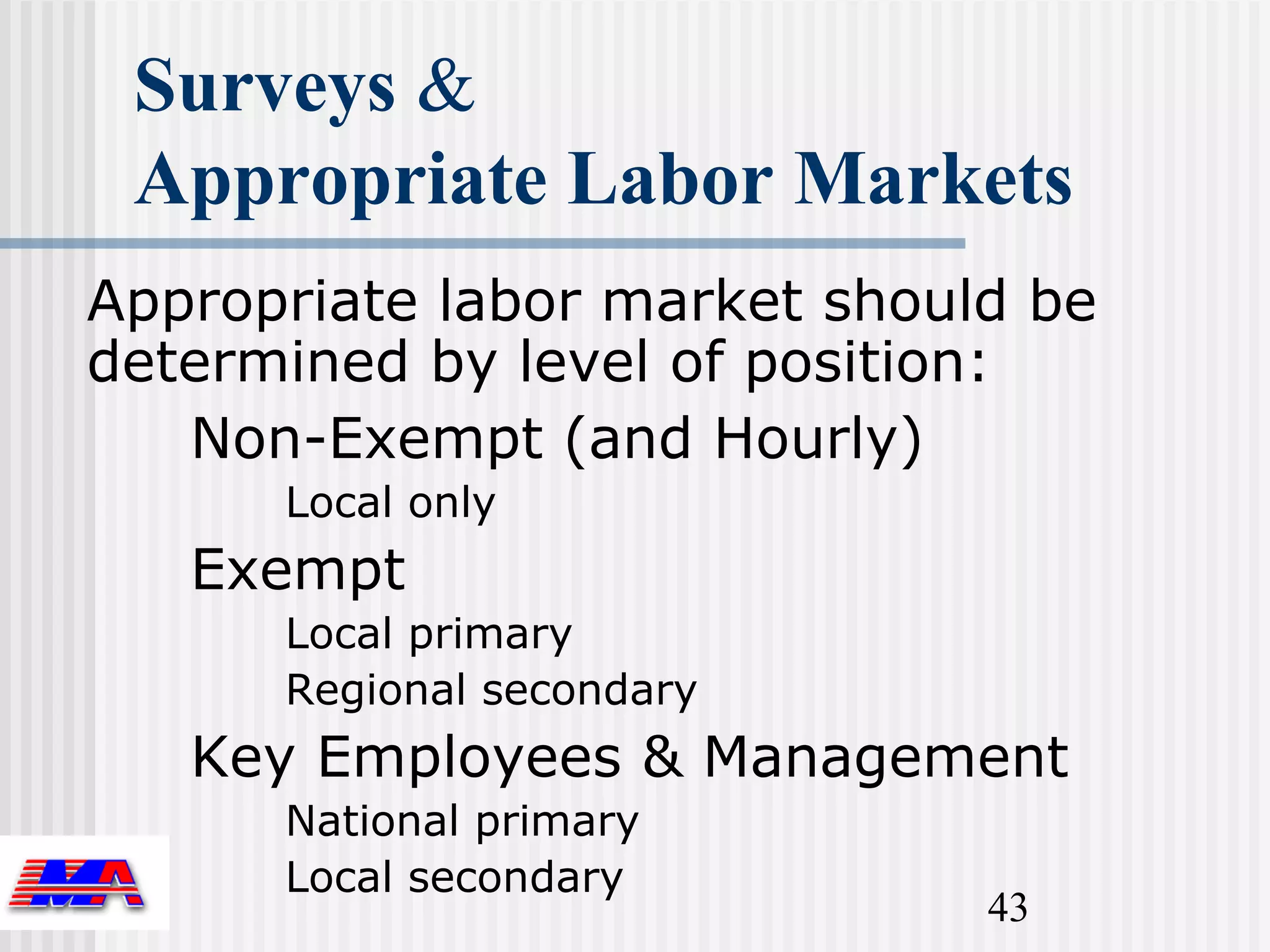 Surveys &
 Appropriate Labor Markets
Appropriate labor market should be
determined by level of position:
   Non-Exempt (and Hourly)
      Local only
   Exempt
      Local primary
      Regional secondary
   Key Employees & Management
      National primary
      Local secondary
                              43
 
