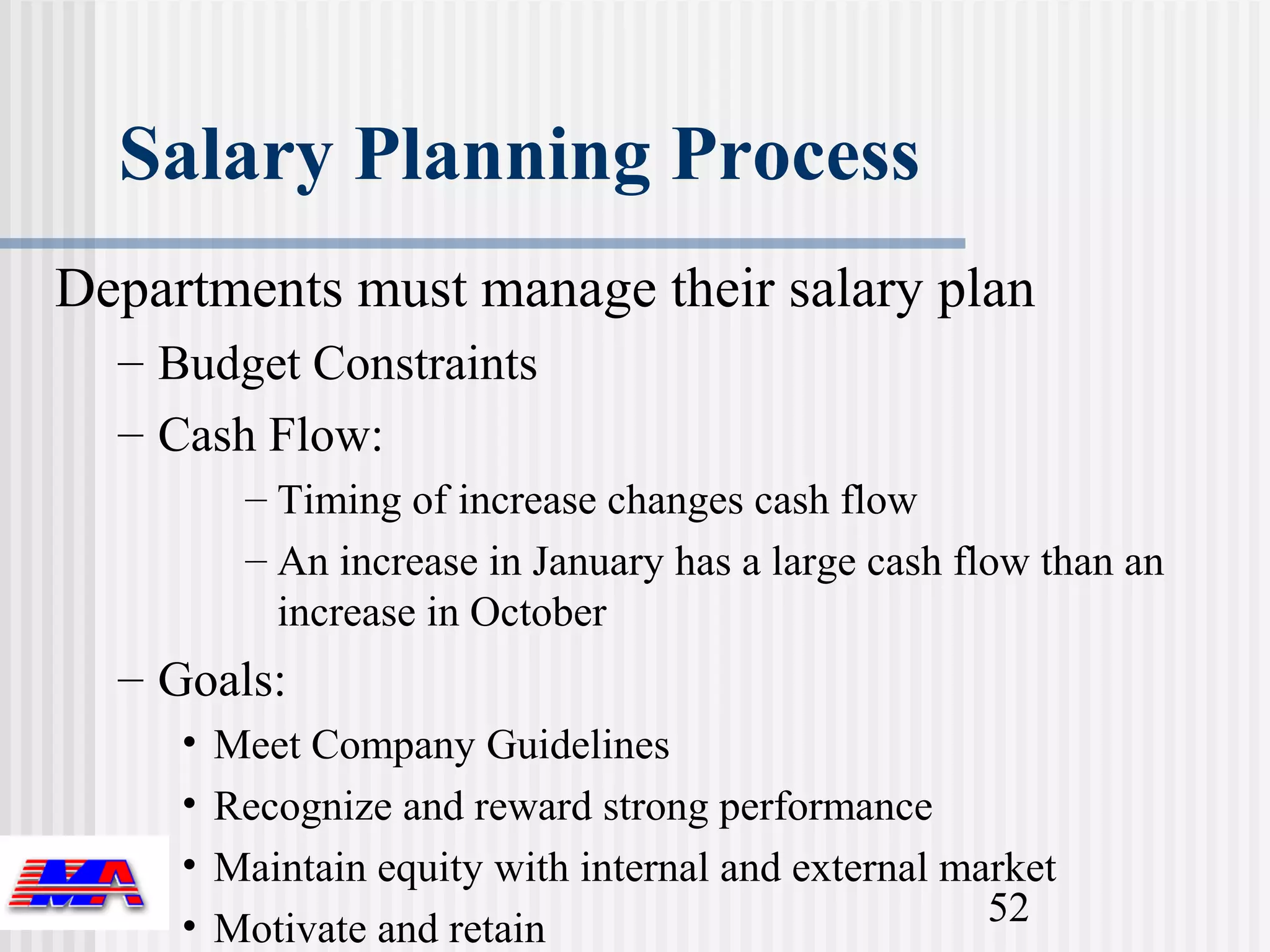 Salary Planning Process
Departments must manage their salary plan
  – Budget Constraints
  – Cash Flow:
          – Timing of increase changes cash flow
          – An increase in January has a large cash flow than an
            increase in October
  – Goals:
     •   Meet Company Guidelines
     •   Recognize and reward strong performance
     •   Maintain equity with internal and external market
     •   Motivate and retain                          52
 