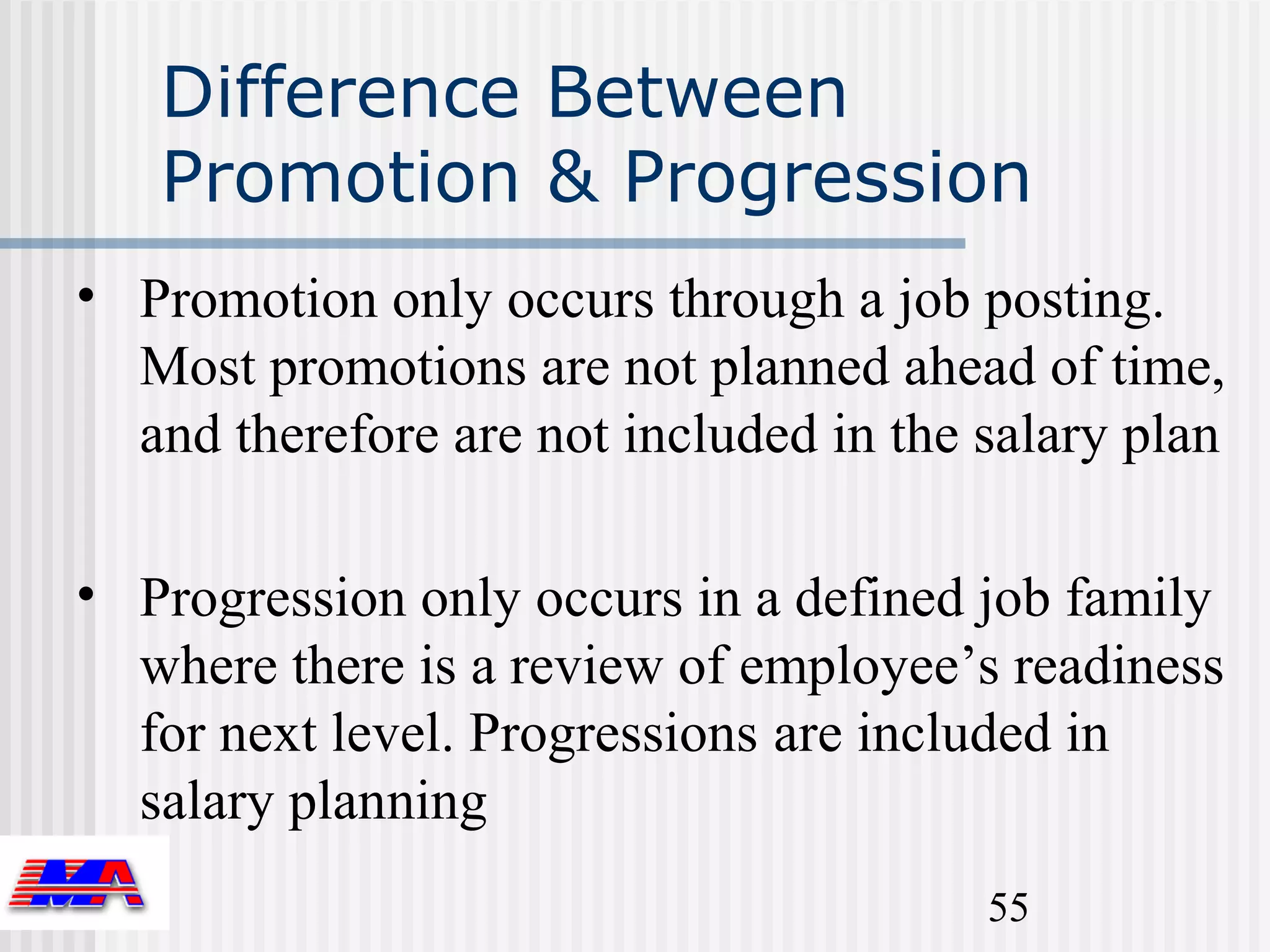 Difference Between
   Promotion & Progression
• Promotion only occurs through a job posting.
  Most promotions are not planned ahead of time,
  and therefore are not included in the salary plan

• Progression only occurs in a defined job family
  where there is a review of employee’s readiness
  for next level. Progressions are included in
  salary planning
                                        55
 