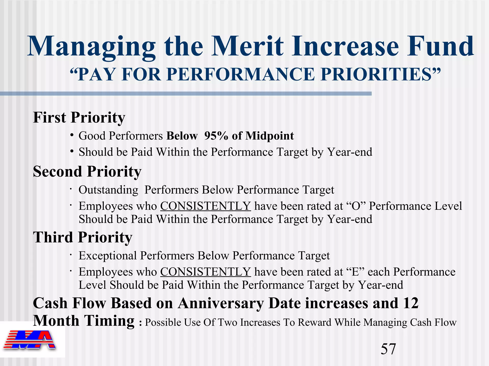 Managing the Merit Increase Fund
      “PAY FOR PERFORMANCE PRIORITIES”

First Priority
      • Good Performers Below 95% of Midpoint
      • Should be Paid Within the Performance Target by Year-end
Second Priority
      •   Outstanding Performers Below Performance Target
      •   Employees who CONSISTENTLY have been rated at “O” Performance Level
          Should be Paid Within the Performance Target by Year-end
Third Priority
      •   Exceptional Performers Below Performance Target
      •   Employees who CONSISTENTLY have been rated at “E” each Performance
          Level Should be Paid Within the Performance Target by Year-end
Cash Flow Based on Anniversary Date increases and 12
Month Timing : Possible Use Of Two Increases To Reward While Managing Cash Flow
                                                                   57
 