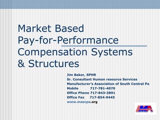 Market Based
Pay-for-Performance
Compensation Systems
& Structures
        Jim Baker, SPHR
        Sr. Consultant Human resource Services
        Manufacturer’s Association of South Central Pa
        Mobile       717-781-4070
        Office Phone 717-843-3891
        Office Fax   717-854-9445
        www.mascpa.org
 