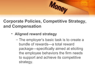 Corporate Policies, Competitive Strategy,
and Compensation
   • Aligned reward strategy
      – The employer’s basic task is to create a
        bundle of rewards—a total reward
        package—specifically aimed at eliciting
        the employee behaviors the firm needs
        to support and achieve its competitive
        strategy.
 