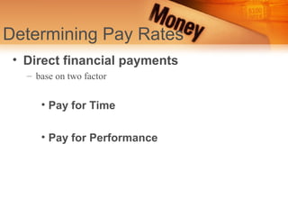 Determining Pay Rates
 • Direct financial payments
   – base on two factor


      • Pay for Time

      • Pay for Performance
 
