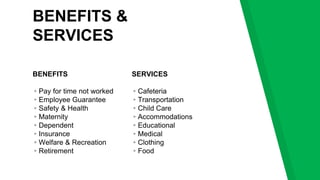 BENEFITS &
SERVICES
BENEFITS
▸Pay for time not worked
▸Employee Guarantee
▸Safety & Health
▸Maternity
▸Dependent
▸Insurance
▸Welfare & Recreation
▸Retirement
SERVICES
▸Cafeteria
▸Transportation
▸Child Care
▸Accommodations
▸Educational
▸Medical
▸Clothing
▸Food
 