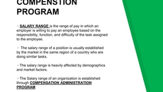 COMPENSTION
PROGRAM
▸SALARY RANGE is the range of pay in which an
employer is willing to pay an employee based on the
responsibility, function, and difficulty of the task assigned
to the employee.
▸ The salary range of a position is usually established
by the market in the same region of a country who are
doing similar tasks.
▸The salary range is heavily affected by demographics
and market factors.
▸The Salary range of an organization is established
through COMPENSATION ADMINISTRATION
PROGRAM
 