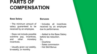 Base Salary
▸The minimum amount of
salary guaranteed to be
received by an employee.
▸Does not include possible
overtime pay, incentives,
and other monetary
incentives.
▸Usually given out weekly,
bi-weekly, or monthly
PARTS OF
COMPENSATION
Bonuses
▸Includes all incentives
received by an employee
due to performance.
▸Added to the Base Salary
before tax reduction.
Ex.
▹Overtime
▹Sales commission
▹Hot Skill Bonus
 
