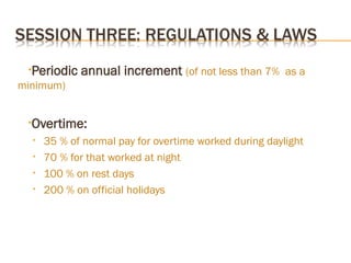 •Periodic annual increment (of not less than 7% as a
minimum)
•Overtime:
• 35 % of normal pay for overtime worked during daylight
• 70 % for that worked at night
• 100 % on rest days
• 200 % on official holidays
 