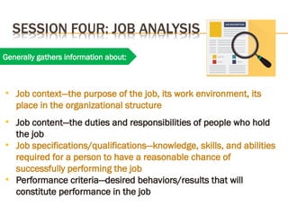 Generally gathers information about:
• Job context—the purpose of the job, its work environment, its
place in the organizational structure
• Job content—the duties and responsibilities of people who hold
the job
• Job specifications/qualifications—knowledge, skills, and abilities
required for a person to have a reasonable chance of
successfully performing the job
• Performance criteria—desired behaviors/results that will
constitute performance in the job
 
