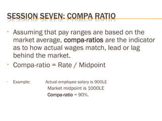 • Assuming that pay ranges are based on the
market average, compa-ratios are the indicator
as to how actual wages match, lead or lag
behind the market.
• Compa-ratio = Rate / Midpoint
• Example: Actual employee salary is 900LE
Market midpoint is 1000LE
Compa-ratio = 90%.
 