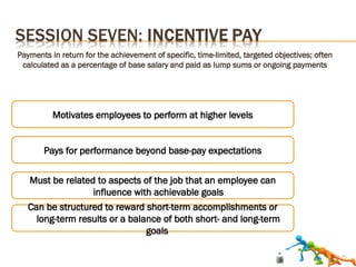 Motivates employees to perform at higher levels
2-75
Payments in return for the achievement of specific, time-limited, targeted objectives; often
calculated as a percentage of base salary and paid as lump sums or ongoing payments
Pays for performance beyond base-pay expectations
Must be related to aspects of the job that an employee can
influence with achievable goals
Can be structured to reward short-term accomplishments or
long-term results or a balance of both short- and long-term
goals
 