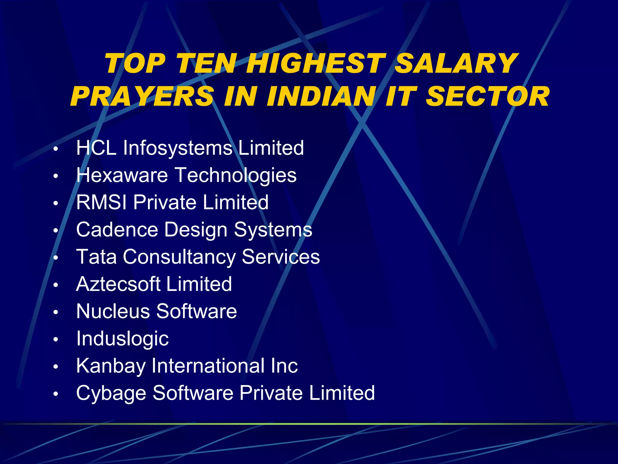 TOP TEN HIGHEST SALARY
 PRAYERS IN INDIAN IT SECTOR
• HCL Infosystems Limited
• Hexaware Technologies
• RMSI Private Limited
• Cadence Design Systems
• Tata Consultancy Services
• Aztecsoft Limited
• Nucleus Software
• Induslogic
• Kanbay International Inc
• Cybage Software Private Limited
 
