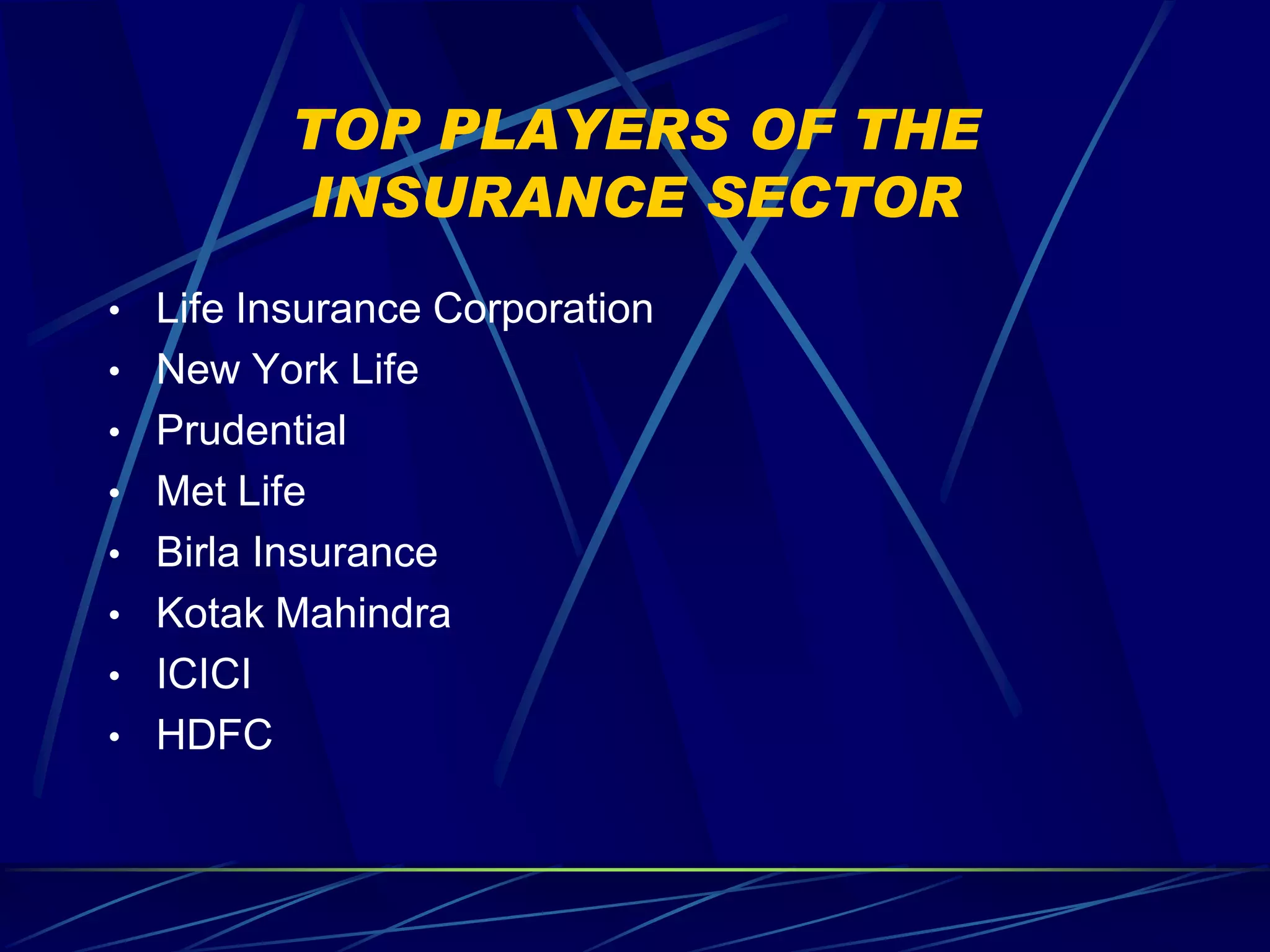 TOP PLAYERS OF THE
          INSURANCE SECTOR
• Life Insurance Corporation
• New York Life
• Prudential
• Met Life
• Birla Insurance
• Kotak Mahindra
• ICICI
• HDFC
 