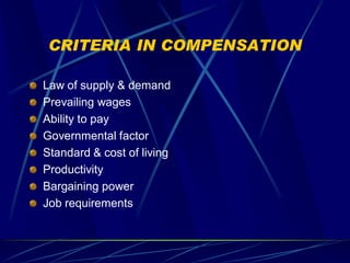 CRITERIA IN COMPENSATION

Law of supply & demand
Prevailing wages
Ability to pay
Governmental factor
Standard & cost of living
Productivity
Bargaining power
Job requirements
 