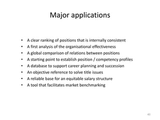 Major applications
• A clear ranking of positions that is internally consistent
• A first analysis of the organisational effectiveness
• A global comparison of relations between positions
• A starting point to establish position / competency profiles
• A database to support career planning and succession
• An objective reference to solve title issues
• A reliable base for an equitable salary structure
• A tool that facilitates market benchmarking
40
 