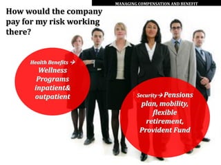 MANAGING COMPENSATION AND BENEFIT

How would the company
pay for my risk working
there?


     Health Benefits 
       Wellness
       Programs
      inpatient&
      outpatient                  Security Pensions
                                   plan, mobility,
                                       flexible
                                     retirement,
                                   Provident Fund
 