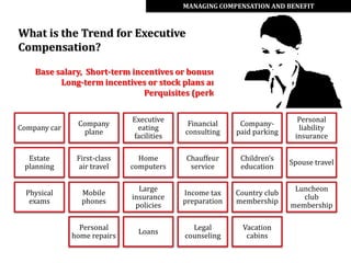 MANAGING COMPENSATION AND BENEFIT



What is the Trend for Executive
Compensation?

    Base salary, Short-term incentives or bonuses,
          Long-term incentives or stock plans and
                               Perquisites (perks)


                             Executive                                   Personal
               Company                     Financial     Company-
Company car                   eating                                     liability
                plane                     consulting    paid parking
                             facilities                                 insurance

  Estate       First-class     Home       Chauffeur      Children’s
                                                                       Spouse travel
 planning       air travel   computers     service       education

                               Large                                    Luncheon
  Physical      Mobile                    Income tax    Country club
                             insurance                                    club
   exams        phones                    preparation   membership
                              policies                                 membership

                Personal                    Legal         Vacation
                               Loans
              home repairs                counseling       cabins
 