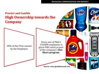MANAGING COMPENSATION AND BENEFIT




Procter and Gamble
High Ownership towards the
Company




                           Every one of P&G’s
                          110,000 employees is
 18% of the Firm owned
                         given P&G stock as part
   by the Employee        of the company’s One
                             Share program.




                             Source: www.ghallabhansali.com
 