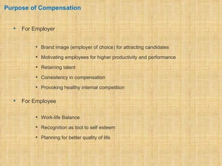 Purpose of Compensation


     For Employer


            Brand image (employer of choice) for attracting candidates

            Motivating employees for higher productivity and performance

            Retaining talent

            Consistency in compensation

            Provoking healthy internal competition


     For Employee

            Work-life Balance

            Recognition as tool to self esteem

            Planning for better quality of life
 