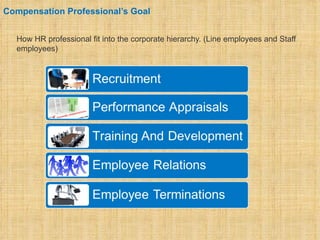 Compensation Professional’s Goal


  How HR professional fit into the corporate hierarchy. (Line employees and Staff
  employees)
 