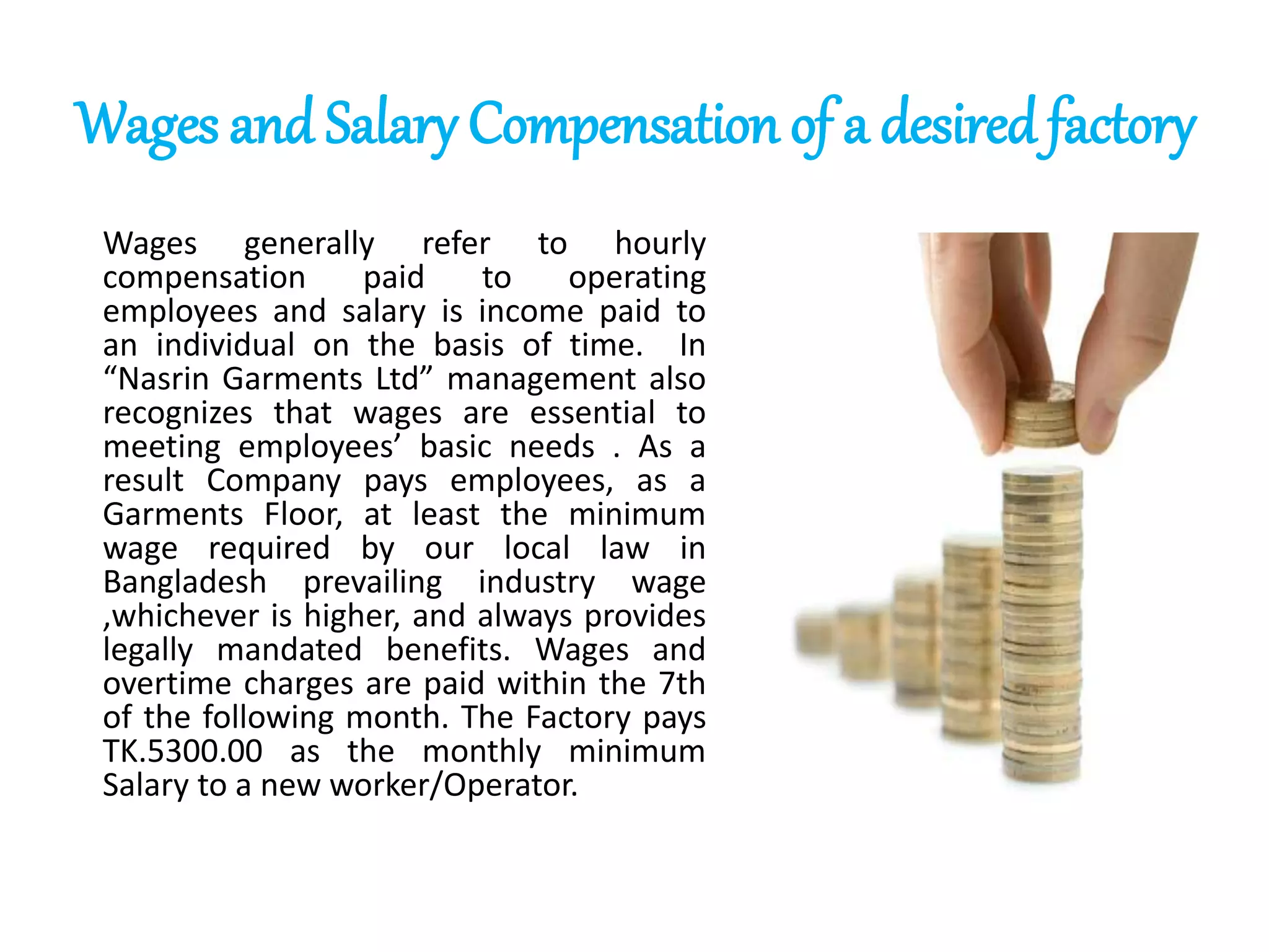 Wages and Salary Compensation of a desired factory
Wages generally refer to hourly
compensation paid to operating
employees and salary is income paid to
an individual on the basis of time. In
“Nasrin Garments Ltd” management also
recognizes that wages are essential to
meeting employees’ basic needs . As a
result Company pays employees, as a
Garments Floor, at least the minimum
wage required by our local law in
Bangladesh prevailing industry wage
,whichever is higher, and always provides
legally mandated benefits. Wages and
overtime charges are paid within the 7th
of the following month. The Factory pays
TK.5300.00 as the monthly minimum
Salary to a new worker/Operator.
 