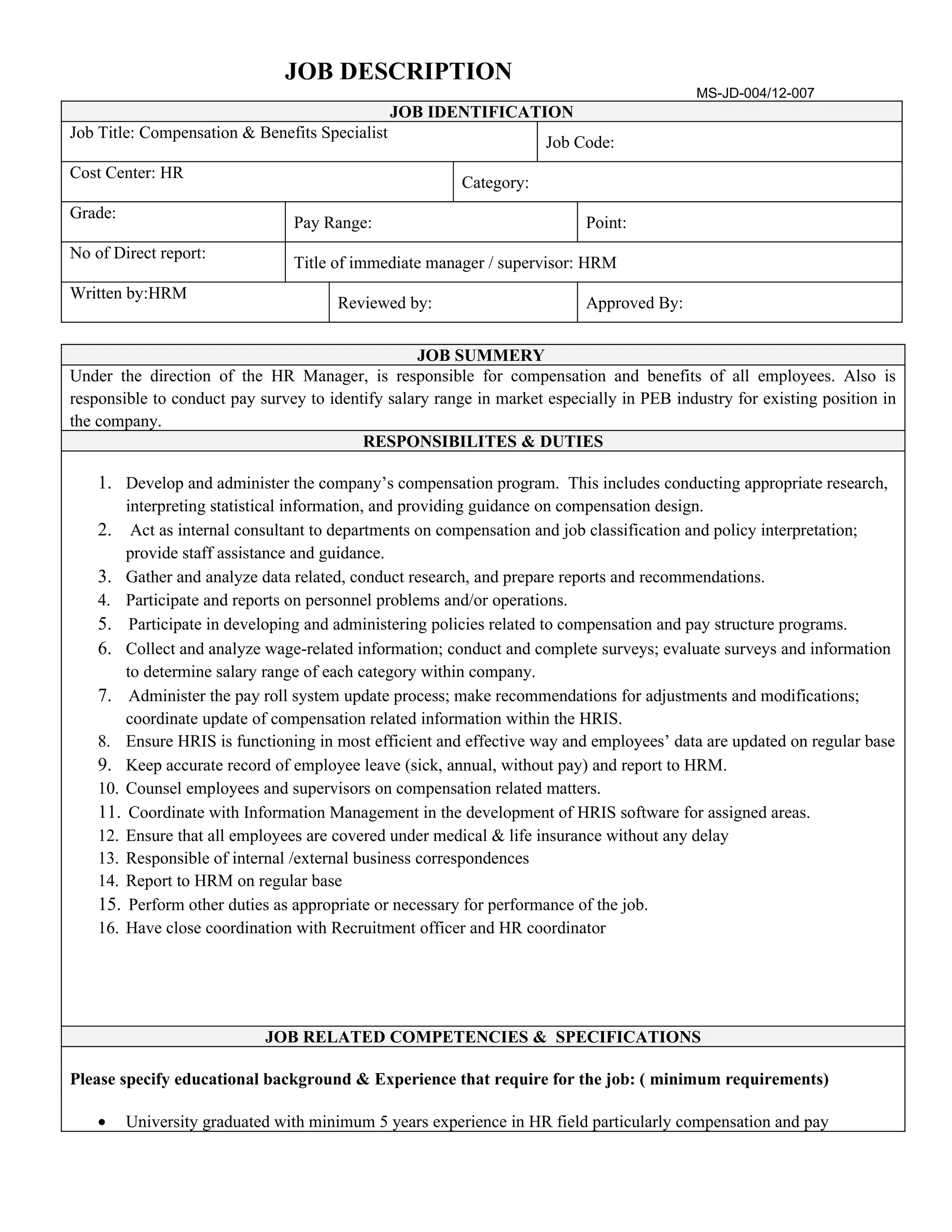 Compensation &benefit specialist | DOC