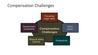 Compensation Challenges
Compensation
Challenges
Prevailing
wage rates
Union
power
Productivity
Government
constraints
Wage & salary
policies
 
