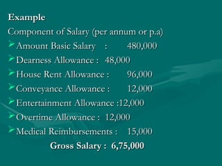 Example
Example
Component of Salary (per annum or p.a)
Component of Salary (per annum or p.a)
Amount Basic Salary
Amount Basic Salary :
: 480,000
480,000
Dearness Allowance :
Dearness Allowance : 48,000
48,000
House Rent Allowance :
House Rent Allowance : 96,000
96,000
Conveyance Allowance :
Conveyance Allowance : 12,000
12,000
Entertainment Allowance :12,000
Entertainment Allowance :12,000
Overtime Allowance :
Overtime Allowance : 12,000
12,000
Medical Reimbursements :
Medical Reimbursements : 15,000
15,000
Gross Salary : 6,75,000
Gross Salary : 6,75,000
 