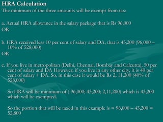 HRA Calculation
HRA Calculation
The minimum of the three amounts will be exempt from tax:
The minimum of the three amounts will be exempt from tax:
a. Actual HRA allowance in the salary package that is Rs 96,000
a. Actual HRA allowance in the salary package that is Rs 96,000
OR
OR
b. HRA received less 10 per cent of salary and DA, that is 43,200 (96,000 –
b. HRA received less 10 per cent of salary and DA, that is 43,200 (96,000 –
10% of 528,000)
10% of 528,000)
OR
OR
c. If you live in metropolitan (Delhi, Chennai, Bombay and Calcutta), 50 per
c. If you live in metropolitan (Delhi, Chennai, Bombay and Calcutta), 50 per
cent of salary and DA However, if you live in any other city, it is 40 per
cent of salary and DA However, if you live in any other city, it is 40 per
cent of salary + DA. So, in this case it would be Rs 2, 11,200 (40% of
cent of salary + DA. So, in this case it would be Rs 2, 11,200 (40% of
528,000)
528,000)
So HRA will be minimum of ( 96,000; 43,200; 2,11,200) which is 43,200
So HRA will be minimum of ( 96,000; 43,200; 2,11,200) which is 43,200
which will be exempted.
which will be exempted.
So the portion that will be taxed in this example is = 96,000 – 43,200 =
So the portion that will be taxed in this example is = 96,000 – 43,200 =
52,800
52,800
 