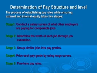 Determination of Pay Structure and levelDetermination of Pay Structure and level
The process of establishing pay rates while ensuringThe process of establishing pay rates while ensuring
external and internal equity takes five stages:external and internal equity takes five stages:
Stage1:Stage1: Conduct a salary survey of what other employersConduct a salary survey of what other employers
are paying for comparable jobs.are paying for comparable jobs.
Stage 2:Stage 2: Determine the worth of each job through jobDetermine the worth of each job through job
evaluation.evaluation.
Stage 3:Stage 3: Group similar jobs into pay grades.Group similar jobs into pay grades.
Stage4:Stage4: Price each pay grade by using wage curvesPrice each pay grade by using wage curves..
Stage 5:Stage 5: Fine-tune pay rates.Fine-tune pay rates.
 