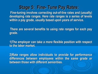 Stage 5: Fine- Tune Pay Rates:Stage 5: Fine- Tune Pay Rates:
Fine-tuning involves correcting out-of-line rates and (usually)Fine-tuning involves correcting out-of-line rates and (usually)
developing rate ranges. Here rate ranges is a series of levelsdeveloping rate ranges. Here rate ranges is a series of levels
within a pay grade, usually based upon years of service.within a pay grade, usually based upon years of service.
There are several benefits to using rate ranges for each payThere are several benefits to using rate ranges for each pay
grade.grade.
1)The employer can take a more flexible position with respect1)The employer can take a more flexible position with respect
to the labor market.to the labor market.
2)Rate ranges allow individuals to provide for performance2)Rate ranges allow individuals to provide for performance
differences between employees within the same grade ordifferences between employees within the same grade or
between those with different seniorities.between those with different seniorities.
 