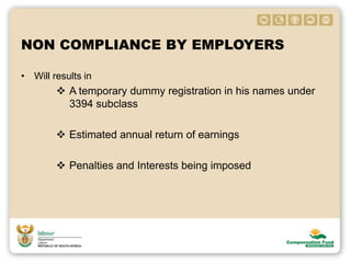 NON COMPLIANCE BY EMPLOYERS
• Will results in
 A temporary dummy registration in his names under
3394 subclass
 Estimated annual return of earnings
 Penalties and Interests being imposed
 