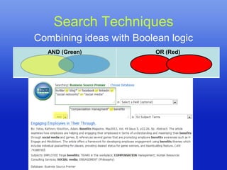 Search Techniques
Combining ideas with Boolean logic
  AND (Green)             OR (Red)
 