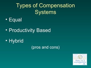 Types of Compensation Systems Equal Productivity Based Hybrid  (pros and cons) 