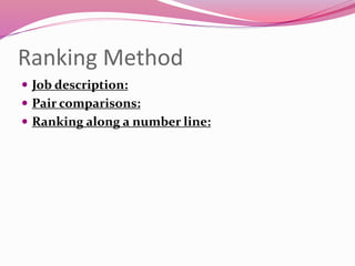 Ranking Method
 Job description:
 Pair comparisons:
 Ranking along a number line:
 