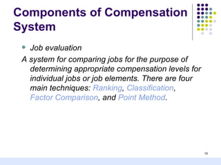 Components of Compensation
System
  Job evaluation
 A system for comparing jobs for the purpose of
   determining appropriate compensation levels for
   individual jobs or job elements. There are four
   main techniques: Ranking, Classification,
   Factor Comparison, and Point Method.




                                                     10
 