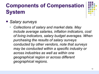 Components of Compensation
System
   Salary surveys
    •   Collections of salary and market data. May
        include average salaries, inflation indicators, cost
        of living indicators, salary budget averages. When
        purchasing the results of salary surveys
        conducted by other vendors, note that surveys
        may be conducted within a specific industry or
        across industries as well as within one
        geographical region or across different
        geographical regions.
                                                           12
 